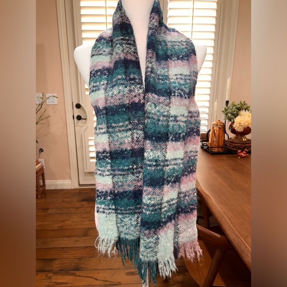 Jacques d’Albry Paris Mohair Blend Made in France Plaid Soft Cozy Scarf 63"X11"